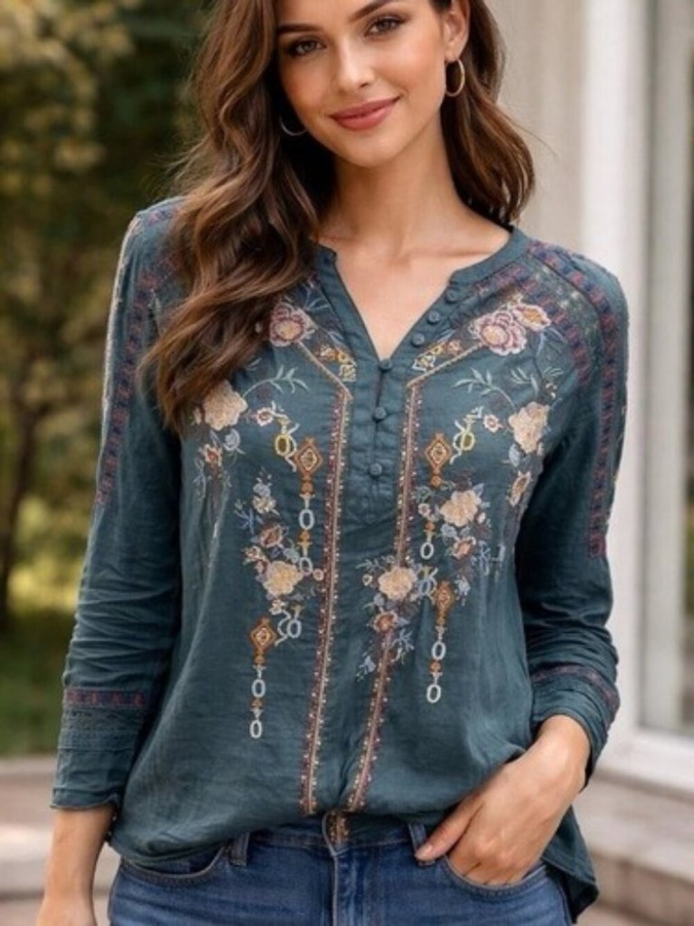 Sundance Fairfax Henley Top Floral Embroidered Size Large PETITE Gray-Green